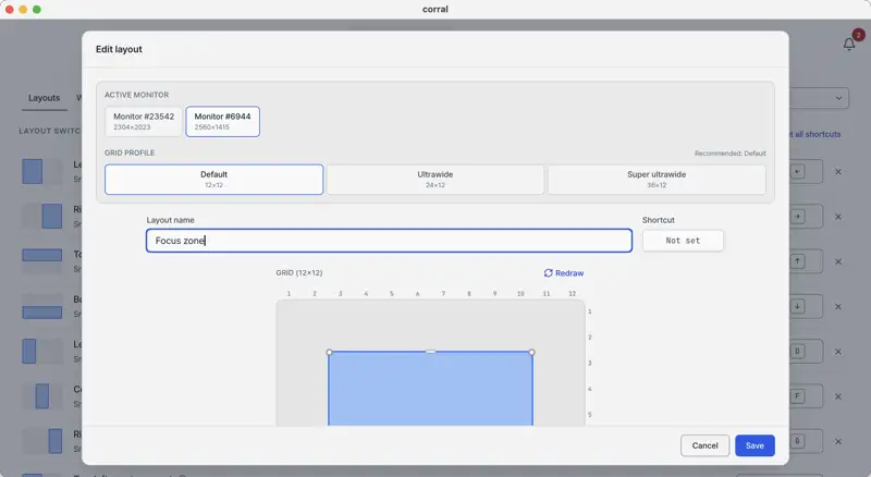 Corral custom layout editor with a configurable grid