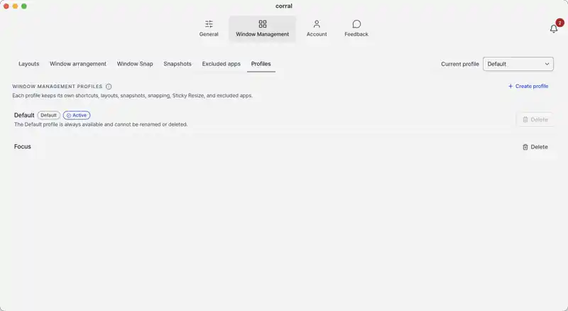 Corral creating and activating a window management profile